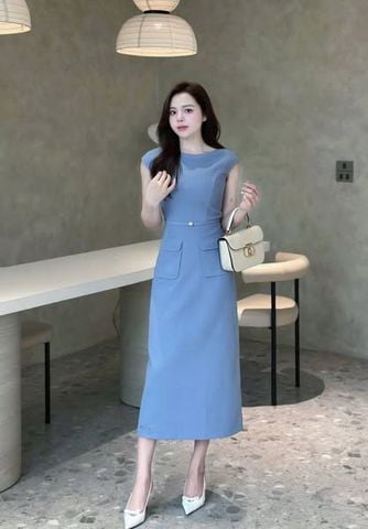 KS0507-Đầm tay liền phối túi Xanh