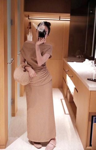 KS0525-Set áo bệt vai nhúng eo, CV dài Hồng Cam