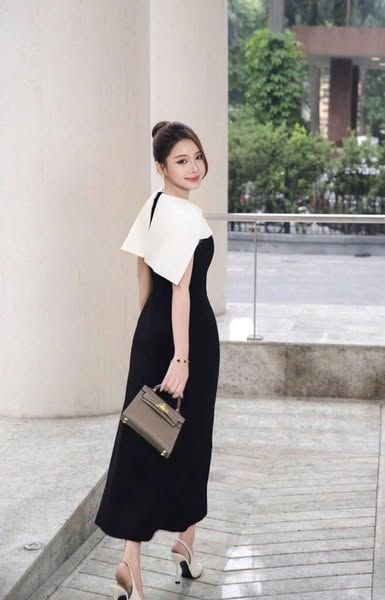TQ1744-Đầm TK tay kiểu phối choàng+tag bướm Đen