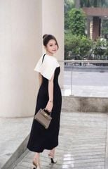TQ1744-Đầm TK tay kiểu phối choàng+tag bướm Đen
