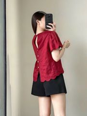 TB5709-Set áo tay phồng viền lazer, quần short Kem (áo xanh)