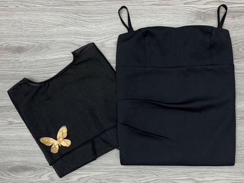 KS0516-Đầm 2 dây+ choàng kèm tag bướm Đen