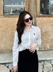 TQ4080-Set áo sơ mi sọc thêu ngựa, CV dài Đen