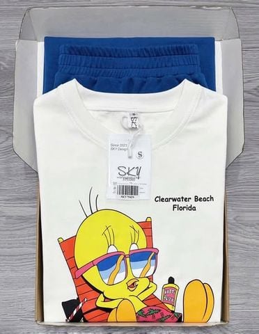 SKY7942-Set áo thun trắng in hình, CV dài Xanh