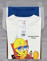 SKY7942-Set áo thun trắng in hình, CV dài Xanh