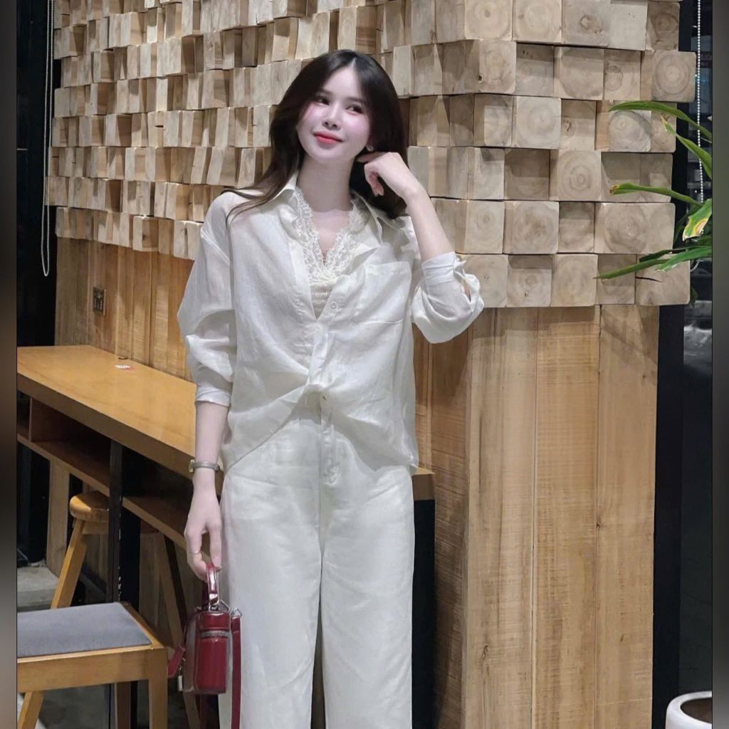 VGU9861 ÁO SƠMI XOẮN EO + ÁO REN (VÀNG -2 món)