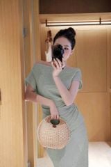 KS0524-Set áo bệt vai nhúng eo, CV dài Xanh