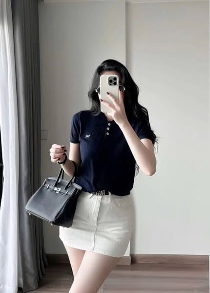VGU9851-Áo len cổ polo thêu nơ Xám (áo lẻ)