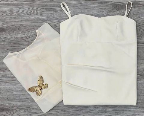 KS0515-Đầm 2 dây+ choàng kèm tag bướm Kem
