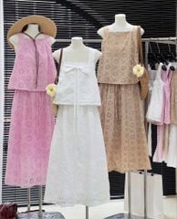 VGU9854-Set thêu hoa lỗ áo 2 dây cột nơ, CV dài Hồng