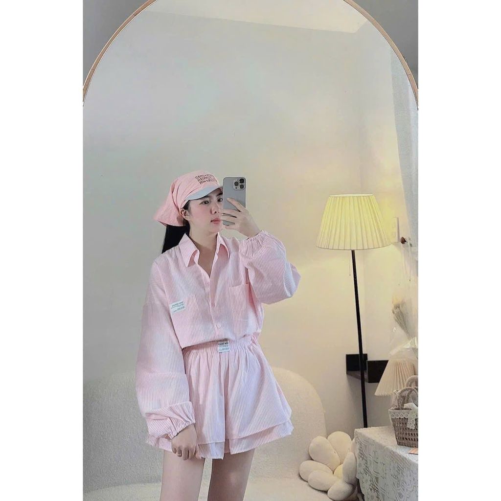 SKY7933 SET SƠMI THÊU TAG QUẦN SHORT (SỌC XANH)
