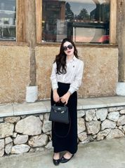 TQ4080-Set áo sơ mi sọc thêu ngựa, CV dài Đen