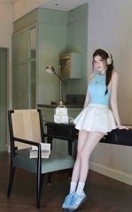 VGU9834-Set áo 3 lỗ thêu hoa, CV ngắn Trắng (áo xanh)