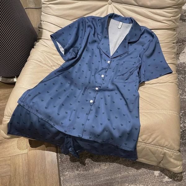 TQ4098-Set Pijama áo +quần short họa tiết tim Xanh
