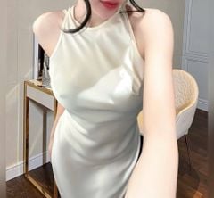 VGU9926-Đầm dài cổ kiểu yếm Kem