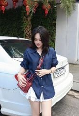 KS0509-Set áo sơ mi jean phối túi, CV tầng Trắng