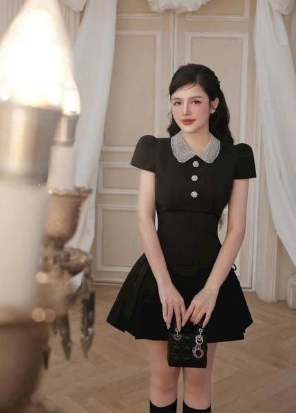VGU9886 ĐẦM CỔ SƠ MI KẾT HẠT ( ĐEN )
