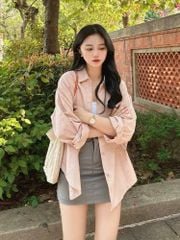 KS0544-Set áo sơ mi hồng+ áo thun 2dây+CV ngắn Xám (3 món)