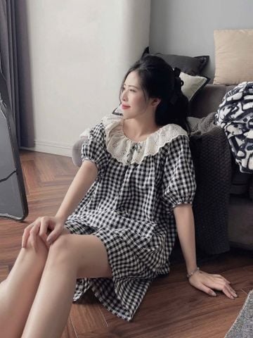 TQ4103-Set caro áo cổ phối ren, quần short