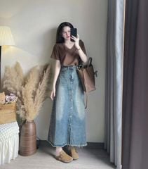 VGU9920-Set basic áo thun cổ tim nâu, CV Jean dài phối nút