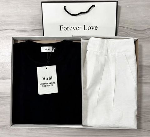 VRA0527-Set áo croptop tay dài đen, quần suông Trắng Kem