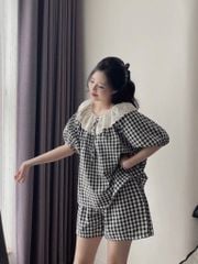 TQ4103-Set caro áo cổ phối ren, quần short