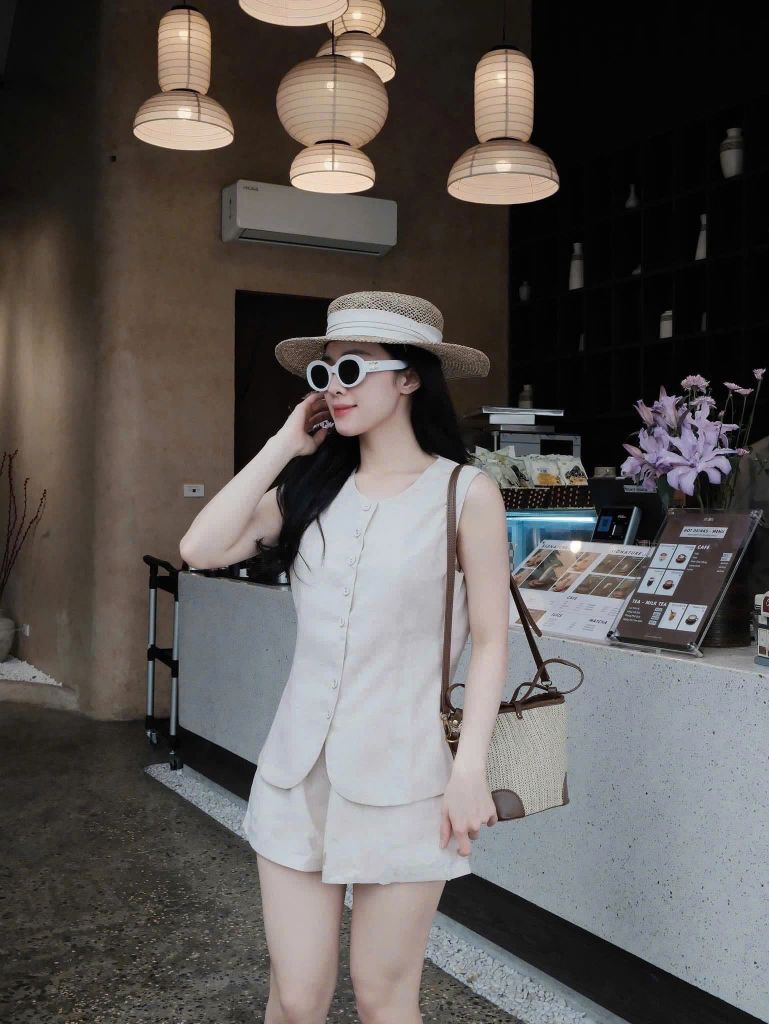 KS5075-Set linen áo nút bọc, quần short Đen