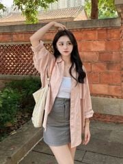 KS0544-Set áo sơ mi hồng+ áo thun 2dây+CV ngắn Xám (3 món)