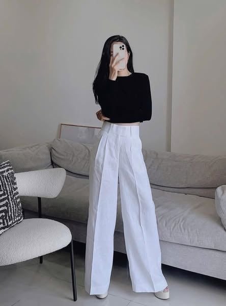 VRA0527-Set áo croptop tay dài đen, quần suông Trắng Kem