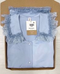TQ4096-Set lụa áo cổ phối viền ren, quần dài Xanh