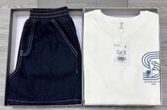 SKY7921-Set áo thun trắng in chữ 2 mặt, quần short jean Xanh