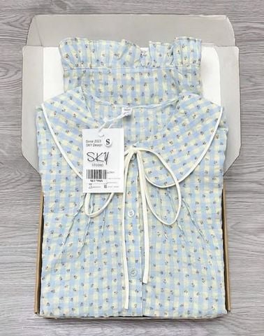 SKY7996-Set bộ hoa nhí áo cổ sen li ngực, quần dài Xanh
