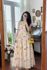 TQ1760-Đầm hoa maxi cổ yếm