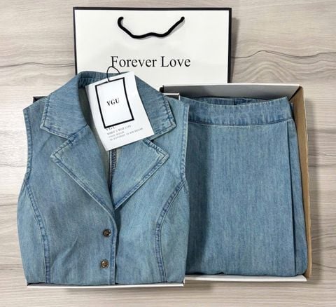 VGU9942-Set Jean áo gile cổ vest+CV dài Xanh