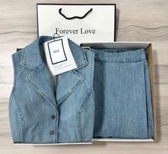 VGU9942-Set Jean áo gile cổ vest+CV dài Xanh