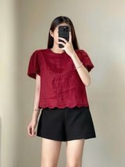 TB5709-Set áo tay phồng viền lazer, quần short Kem (áo xanh)