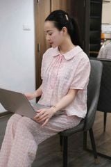 SKY7996-Set bộ hoa nhí áo cổ sen li ngực, quần dài Xanh