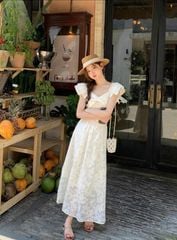 VGU9965 SET ÁO REN HOA TAY CÁNH TIÊN, CV DÀI