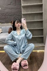 TQ4096-Set lụa áo cổ phối viền ren, quần dài Xanh