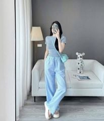 KS5076-Set basic áo thun+quần suông kẻ Xanh