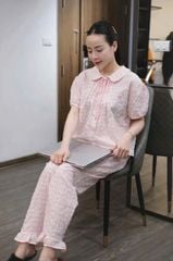 SKY7996-Set bộ hoa nhí áo cổ sen li ngực, quần dài Xanh