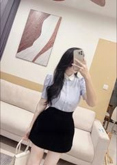 TQ4107-Set áo sơ mi sọc phối cổ sen, CV ngắn Đen (áo Xanh)