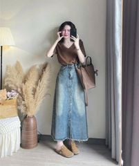 VGU9920-Set basic áo thun cổ tim nâu, CV Jean dài phối nút