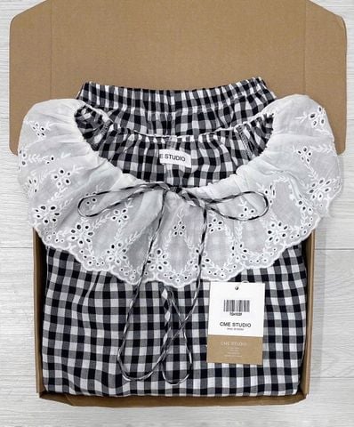 TQ4103-Set caro áo cổ phối ren, quần short