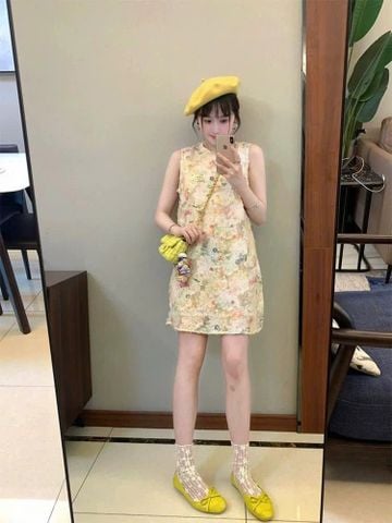 TQ4112-Đầm suông họa tiết hoa phối nút