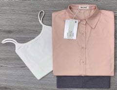 KS0544-Set áo sơ mi hồng+ áo thun 2dây+CV ngắn Xám (3 món)
