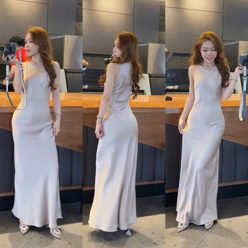 VGU9926-Đầm dài cổ kiểu yếm Kem