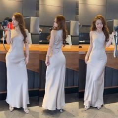 VGU9926-Đầm dài cổ kiểu yếm Kem