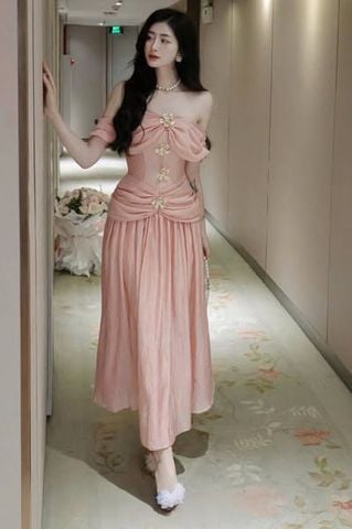 VGU9917 ĐẦM TK BẸT VAI TAG HOA (HỒNG)