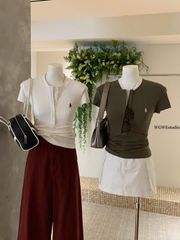 VRA0523-Áo thun body thêu ngựa phối nút Xám (áo lẻ)